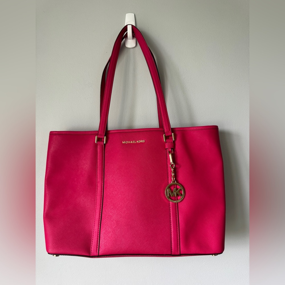 Michael Kors Hot Pink Saffiano Leather Tote with Gold Hardware